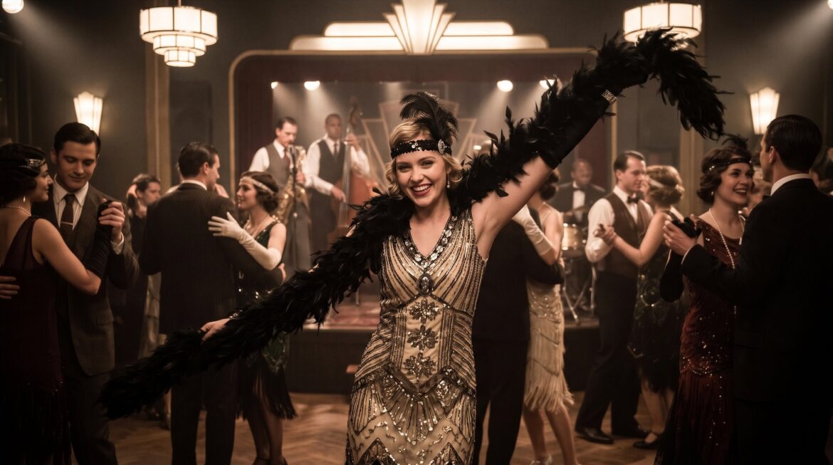The Jazz Age Beyond Nightlife: Music and Social Change A woman in a beaded dress raises a black feather boa as couples dance and musicians play behind her.
