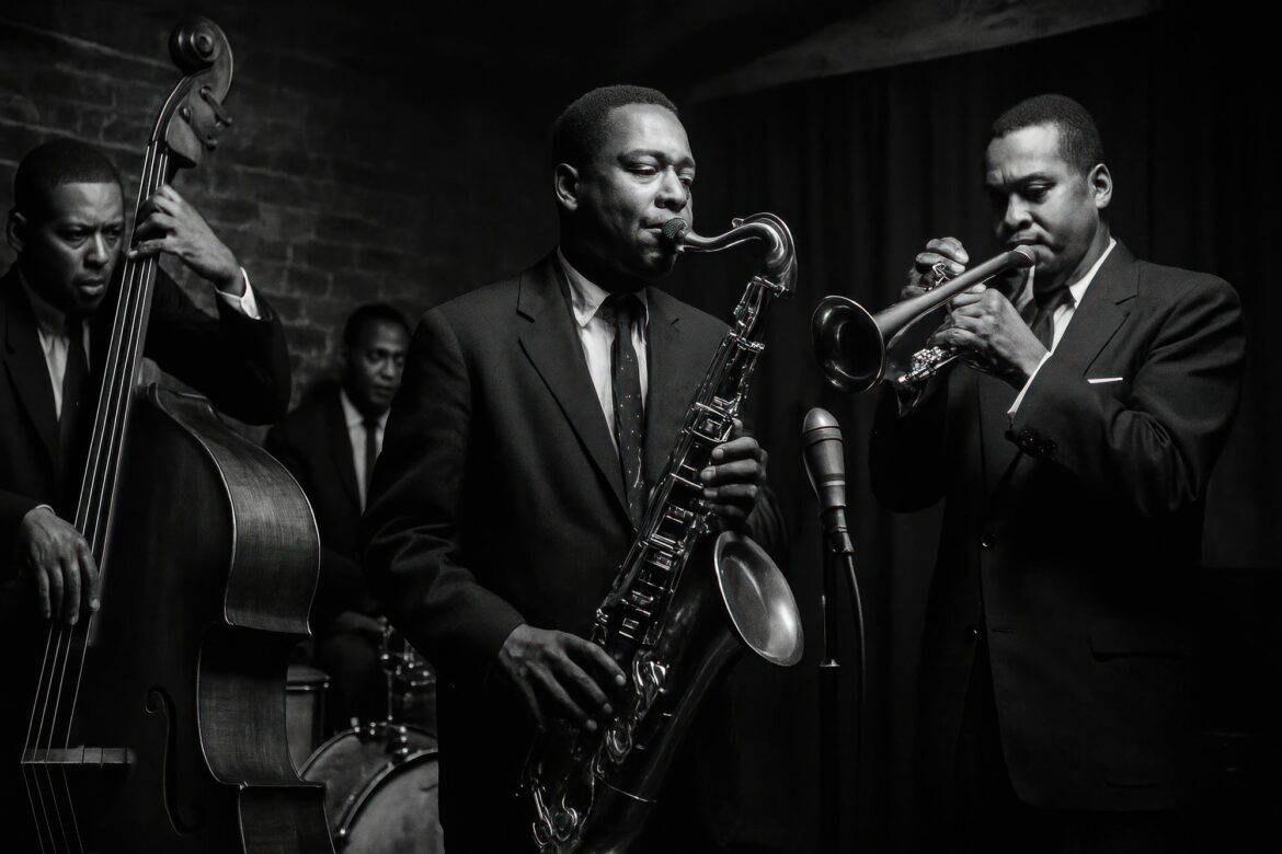 Cool Jazz: Light Tone, Measured Phrases, Driving Rhythm Black-and-white photograph of jazz musicians playing saxophone, trumpet and upright bass beside a drummer.