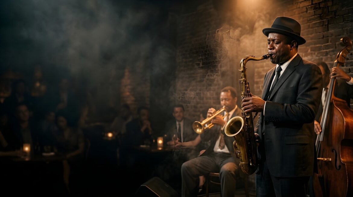 Saxophonist and trumpeter perform beside an upright bassist in a dim, smoky jazz club.