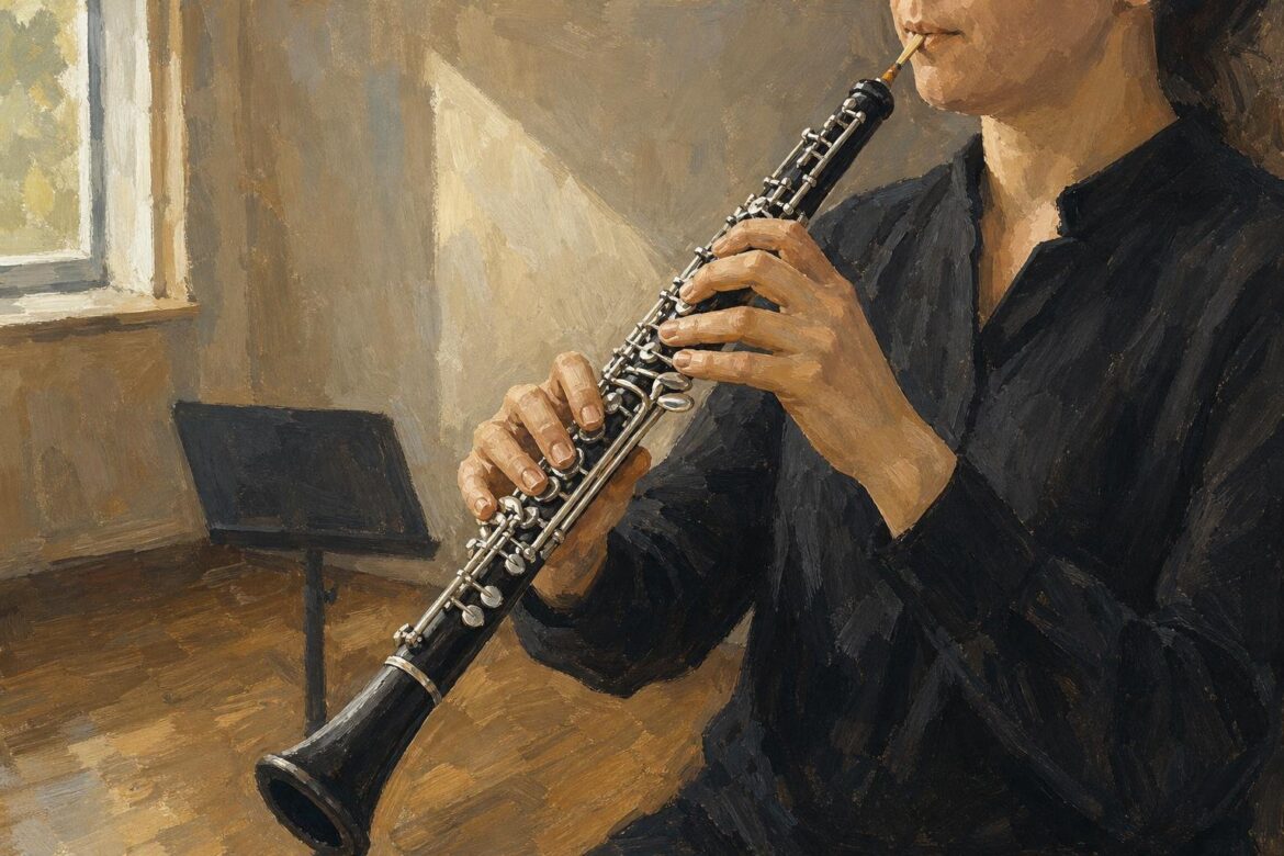 Illustration of a musician playing a black wooden oboe, showing its cane reed, silver keys and flared bell.